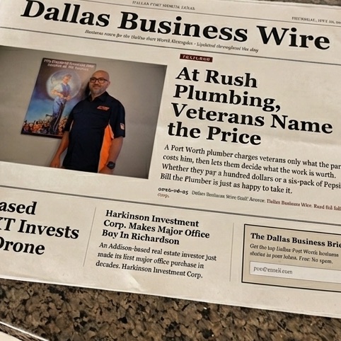 Dallas Business Wire front page featuring the headline At Rush Plumbing, Veterans Name the Price with a photo of founder Bill